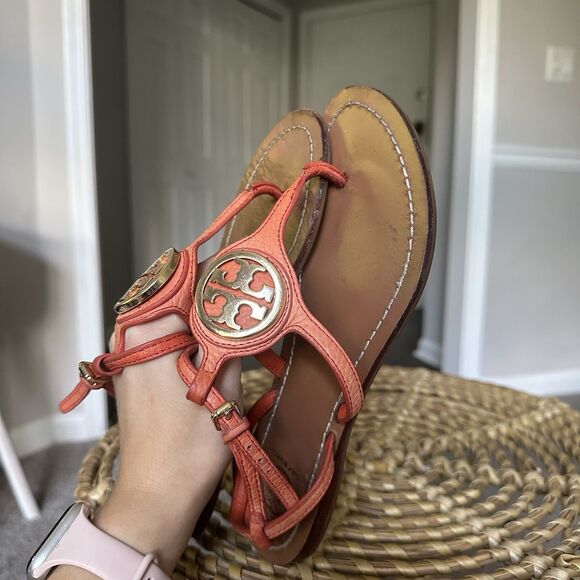 Tory Burch Women's Emmy T-Strap Logo Flat Orange Leather Sandals size 6M - Picture 2 of 12